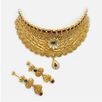22K Gold Antique Wedding Choker Necklace Set RHJ -...