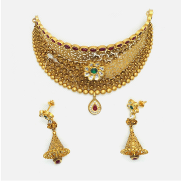 22KT Gold Antique Bridal Choker Necklace Set RHJ -...
