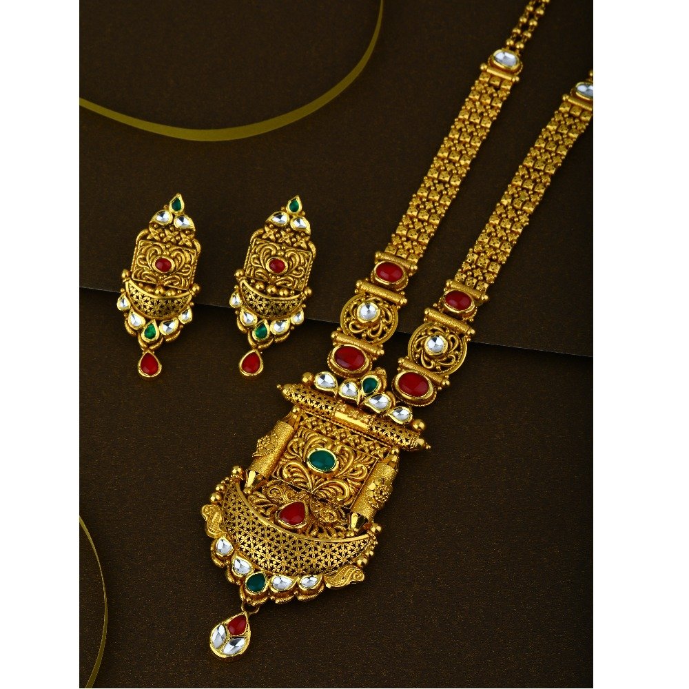 916 CZ Pure Gold Antique Long Necklace Set 