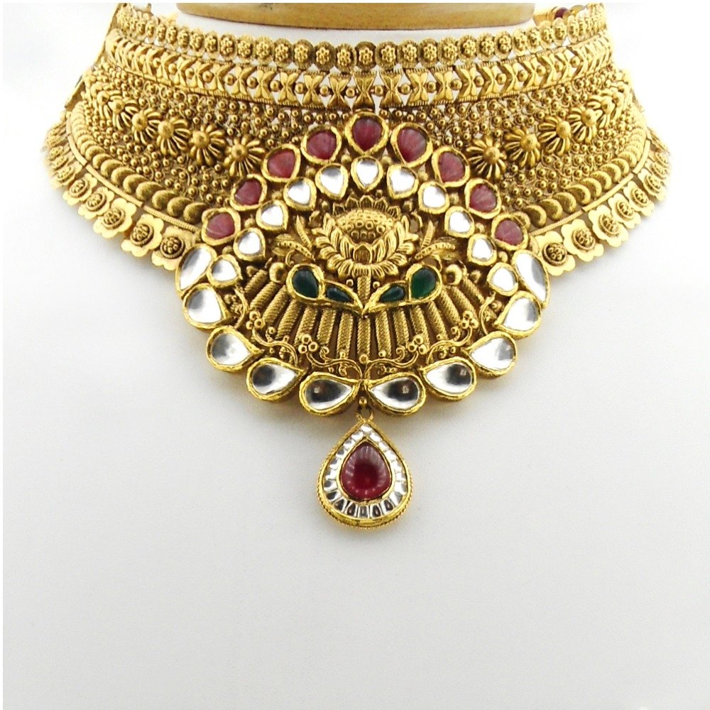 22KT Gold Antique Bridal Necklace Set RHJ-3384