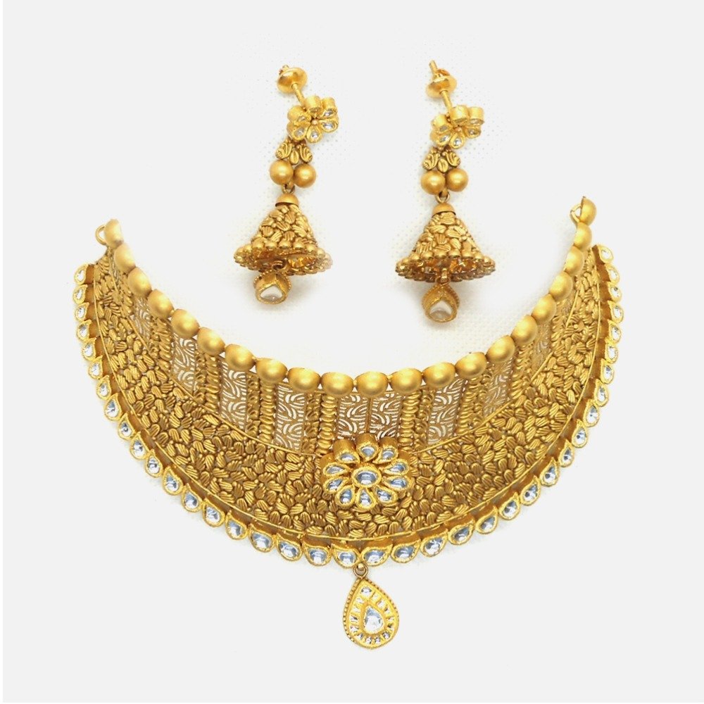 22K Gold Antique Wedding Choker Necklace Set RHJ - 4968