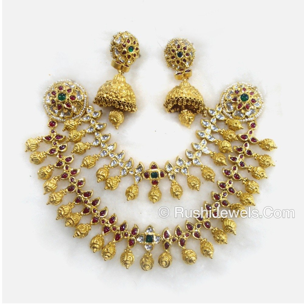 22k 916 antique gold bridal choker necklace and earring set